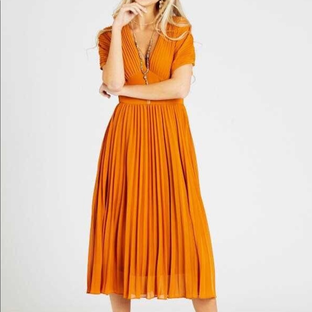 Pleated Midi Dress, Mustard “Rust”